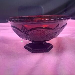Avon 1876 Cape Cod  Collection Red Ruby Glass Pedestal Candy Dish Bowl 6)